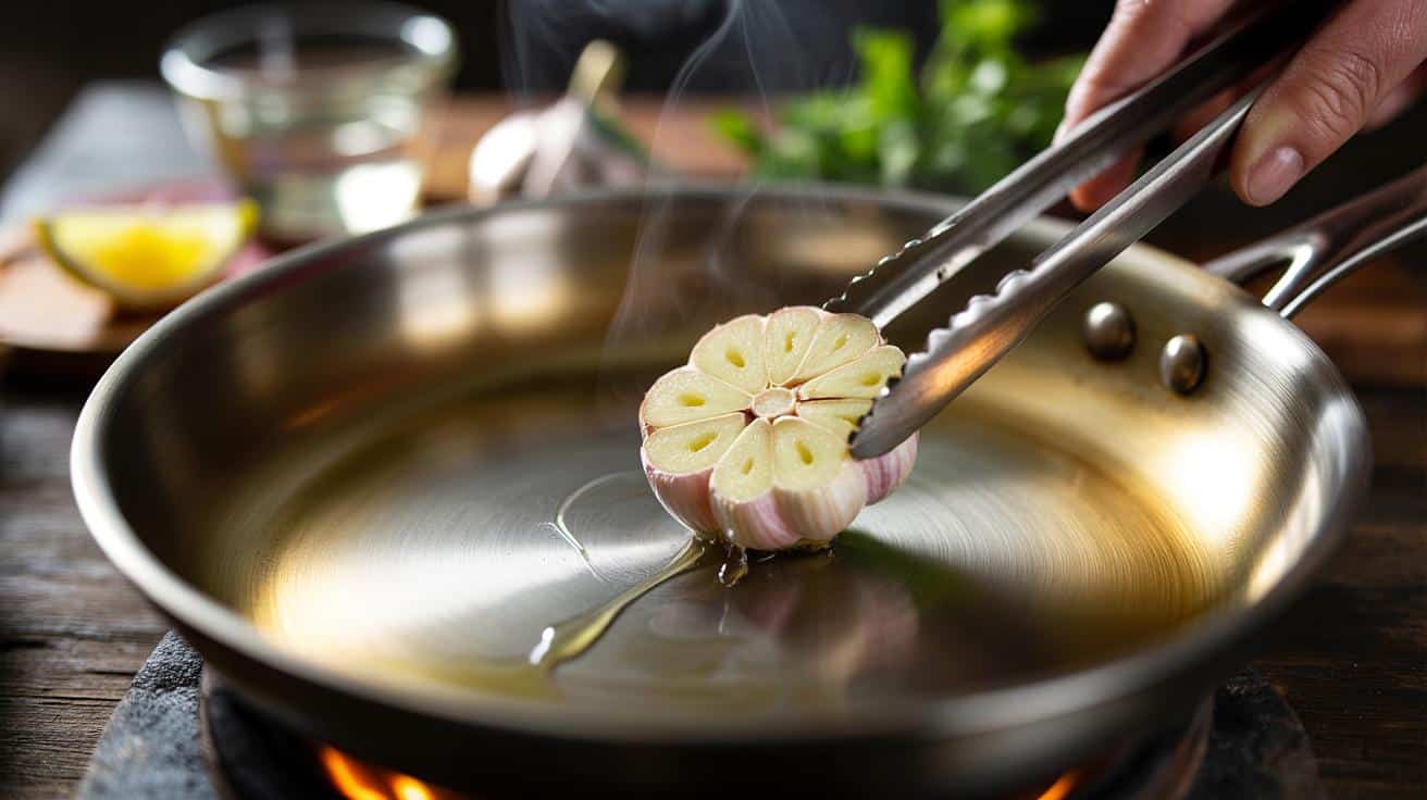 Frotter une gousse d’ail sur une poêle chaude : le geste secret des chefs pour donner du goût sans matière grasse